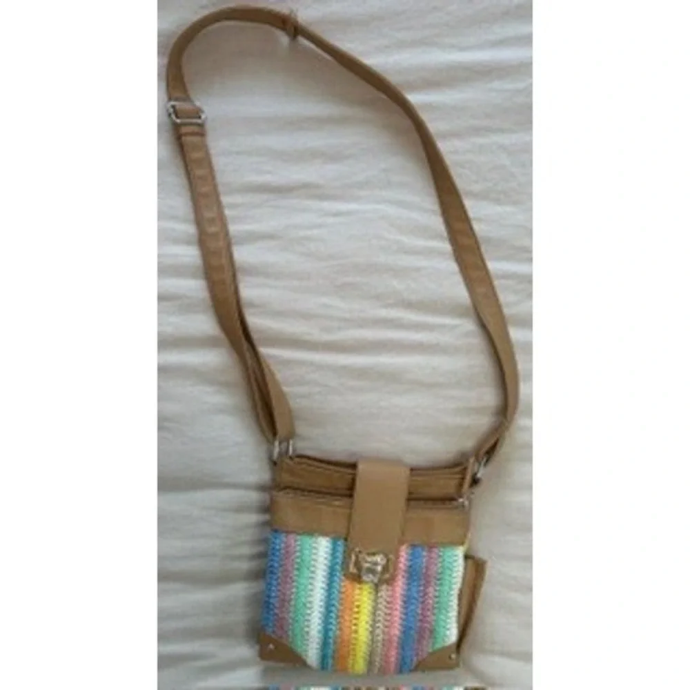 Rosetti Multi Color Striped Woven Crossbody Bag Tan Organizer Purse